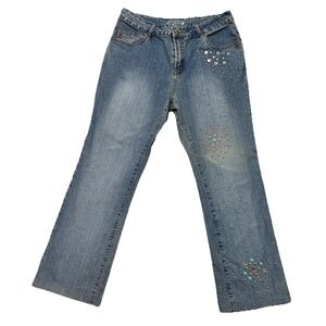 VTG Y2k Med Wash Straight Jeans Womens Studded McBling Denim Rodeo 13/14 Petite